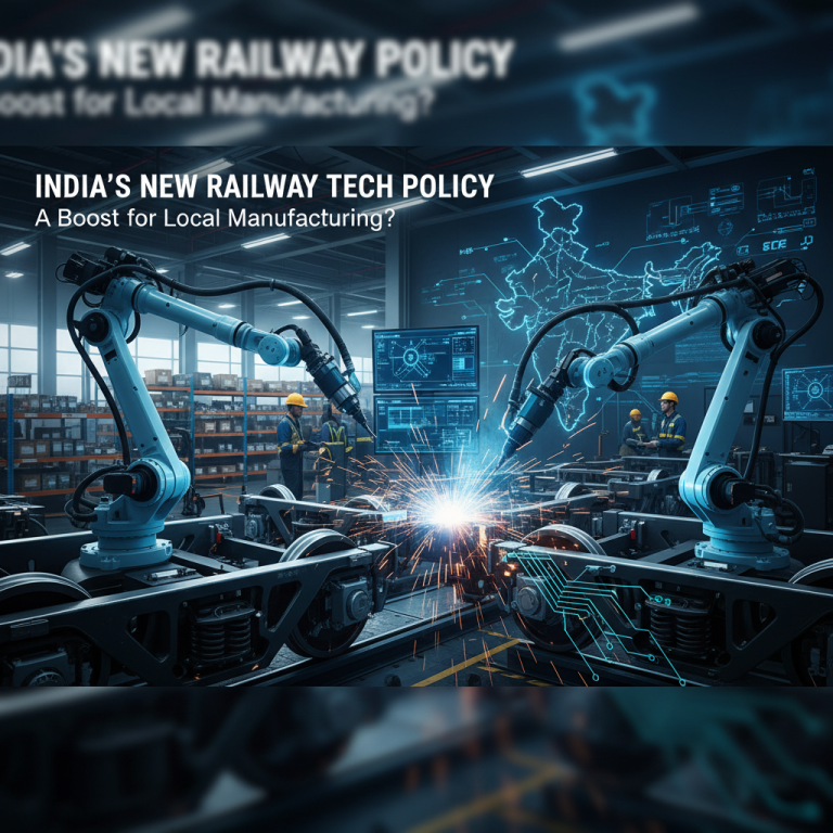 Robotic arms weld railway components in a modern Indian factory, symbolizing technological advancement and local manufacturing.