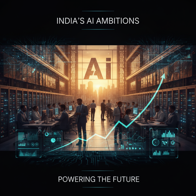 Professional image depicting a modern data center with an "AI" logo, people working, and a rising growth graph.