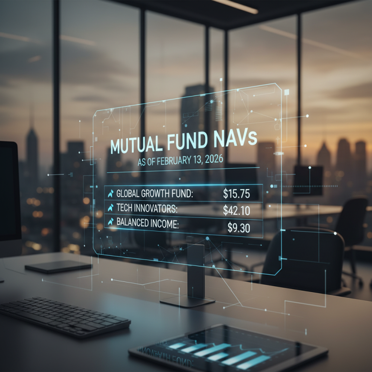A professional office desk with a holographic display showing "Mutual Fund NAVs as of February 13, 2026" with financial data.