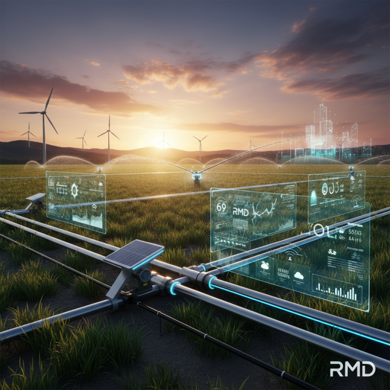 Smart irrigation system in a field with digital interfaces, pipelines, and wind turbines at sunset.