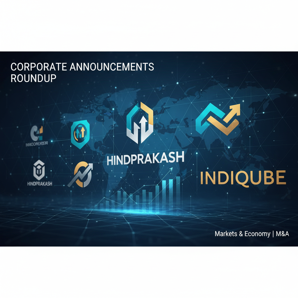 Digital representation of corporate announcements with company logos and growth charts on a global map background.