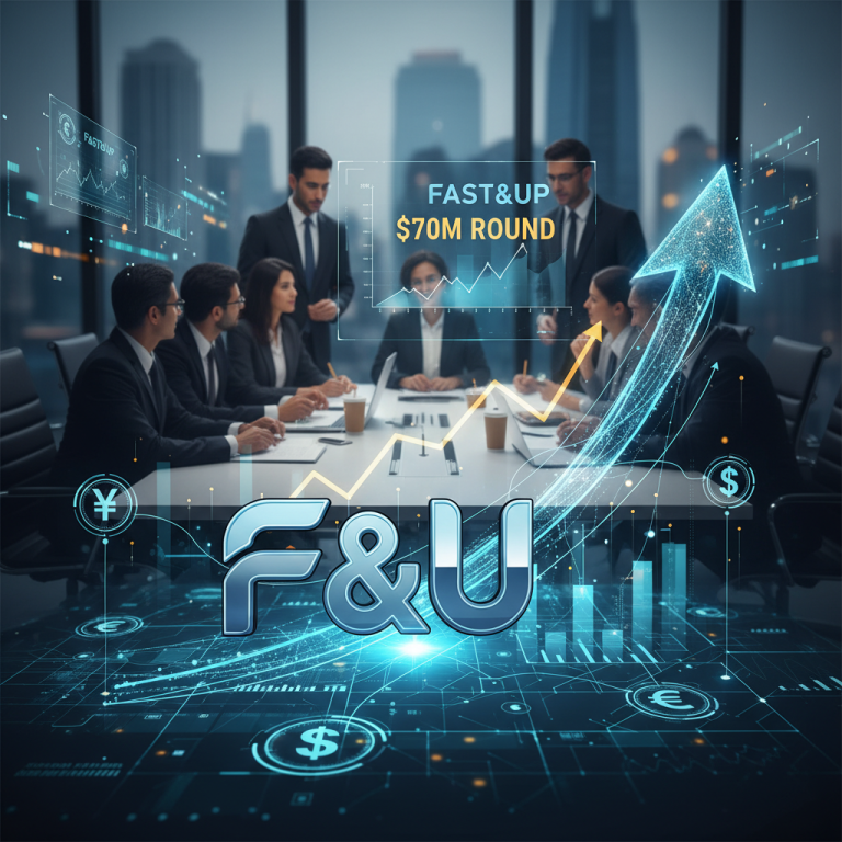 Business meeting with Fast&Up branding and a glowing upward arrow symbolizing growth and investment.