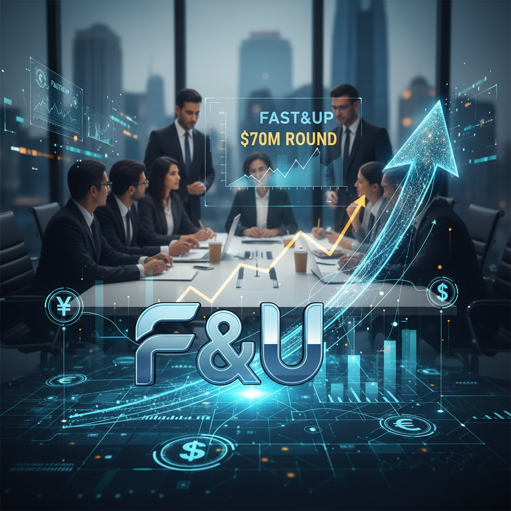 Business meeting with Fast&Up branding and a glowing upward arrow symbolizing growth and investment.