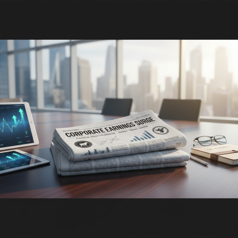 A stack of newspapers featuring "Corporate Earnings Surge" alongside tablets displaying financial graphs and a pen.