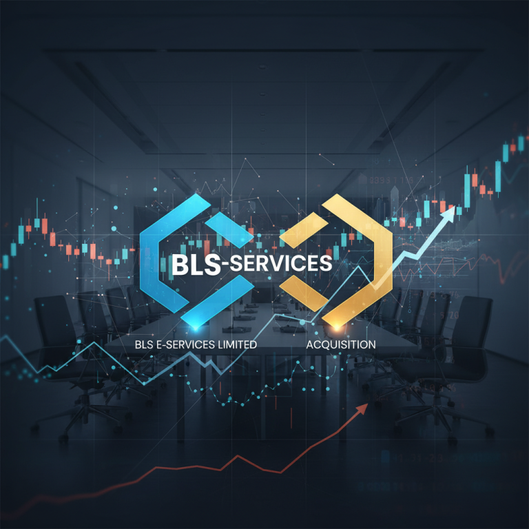 A professional image showing the BLS E-Services logo merging with another company's logo, set against a backdrop of a boardroom and financial charts.