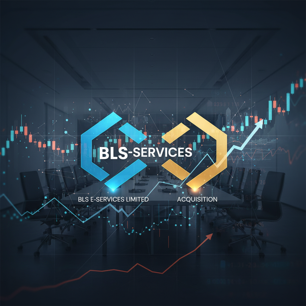 A professional image showing the BLS E-Services logo merging with another company's logo, set against a backdrop of a boardroom and financial charts.