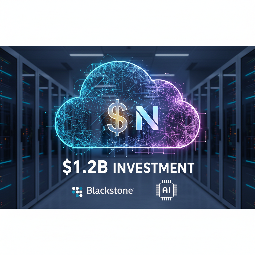 A professional image representing a significant investment in AI cloud infrastructure, featuring a cloud network, dollar sign, and AI chip.