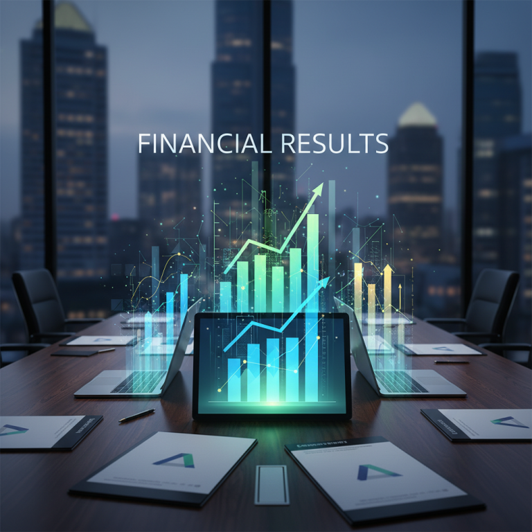 A modern boardroom with glowing financial charts and graphs emanating from a tablet, set against a cityscape backdrop.