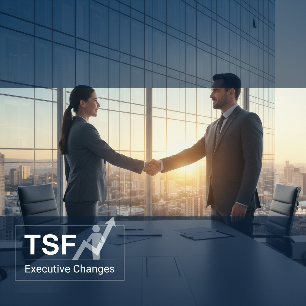 Two business professionals shaking hands in a modern office with a city view at sunset, symbolizing executive changes.