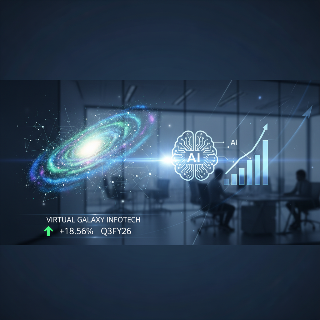 A digital galaxy, AI brain, and rising bar graph against a blurry office background.