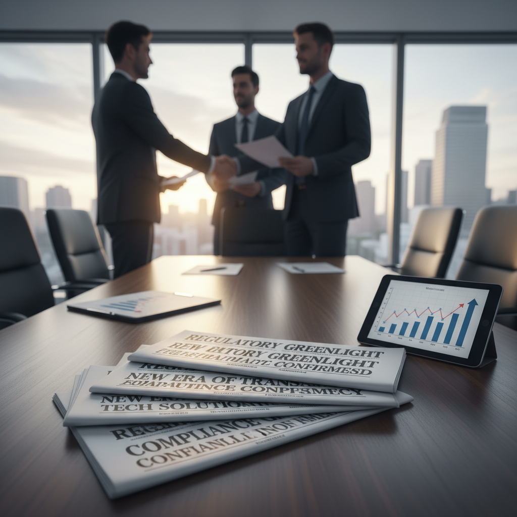 Three businessmen in suits shake hands in a modern office with city views. Newspapers and a tablet with graphs are on the table.