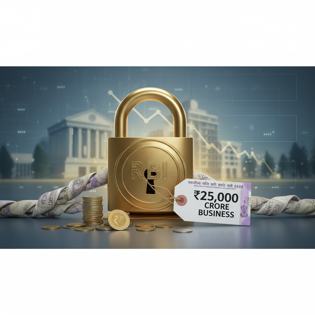 A padlock with "RBI" on it, money, and a tag indicating "₹25,000 CRORE BUSINESS" against a banking backdrop.