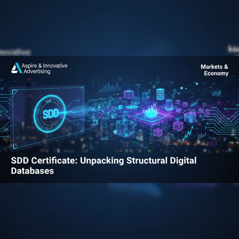 A digital illustration showing interconnected data structures, the letters "SDD," and elements representing markets and technology.