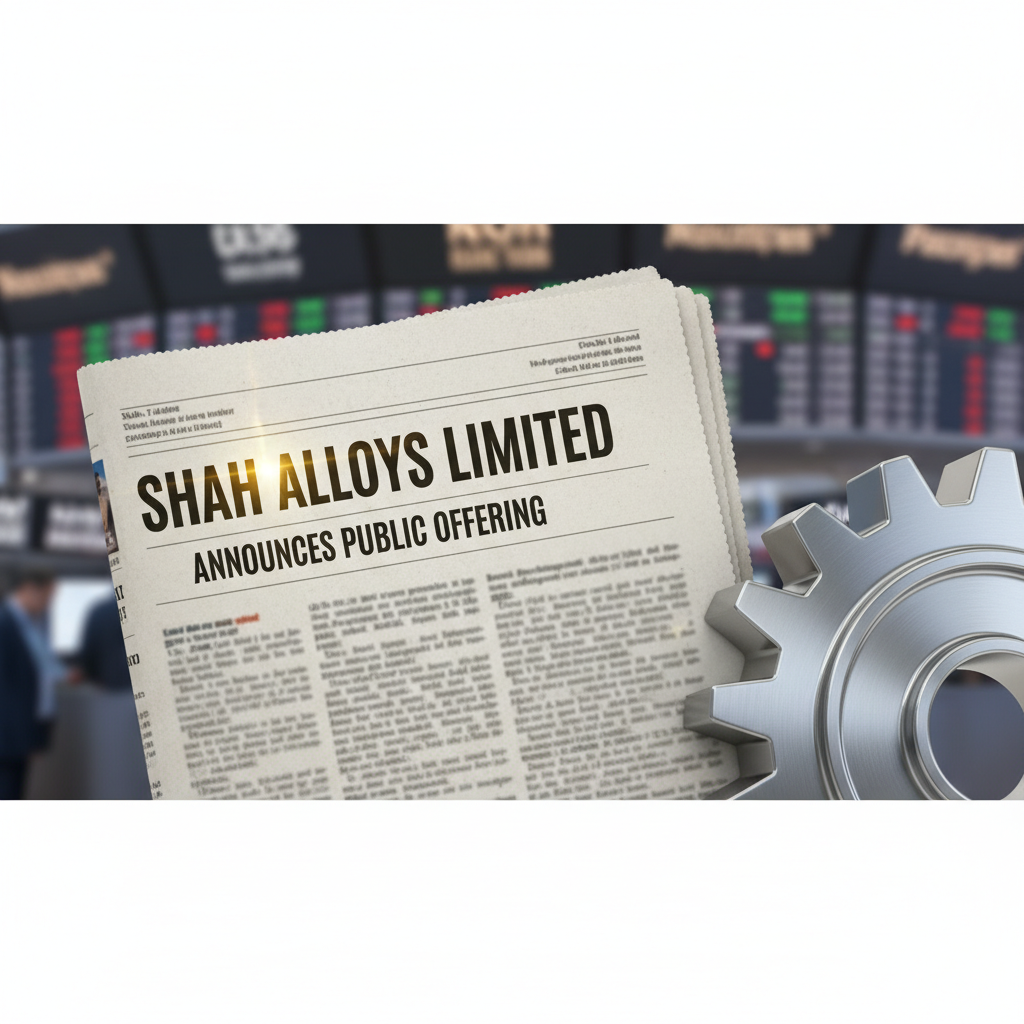 A newspaper headlining "SHAH ALLOYS LIMITED ANNOUNCES PUBLIC OFFERING" with a subtle stock market ticker background.