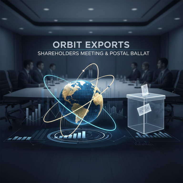A professional image with the text "Orbit Exports Shareholders Meeting & Postal Ballot", a globe, and a ballot box.