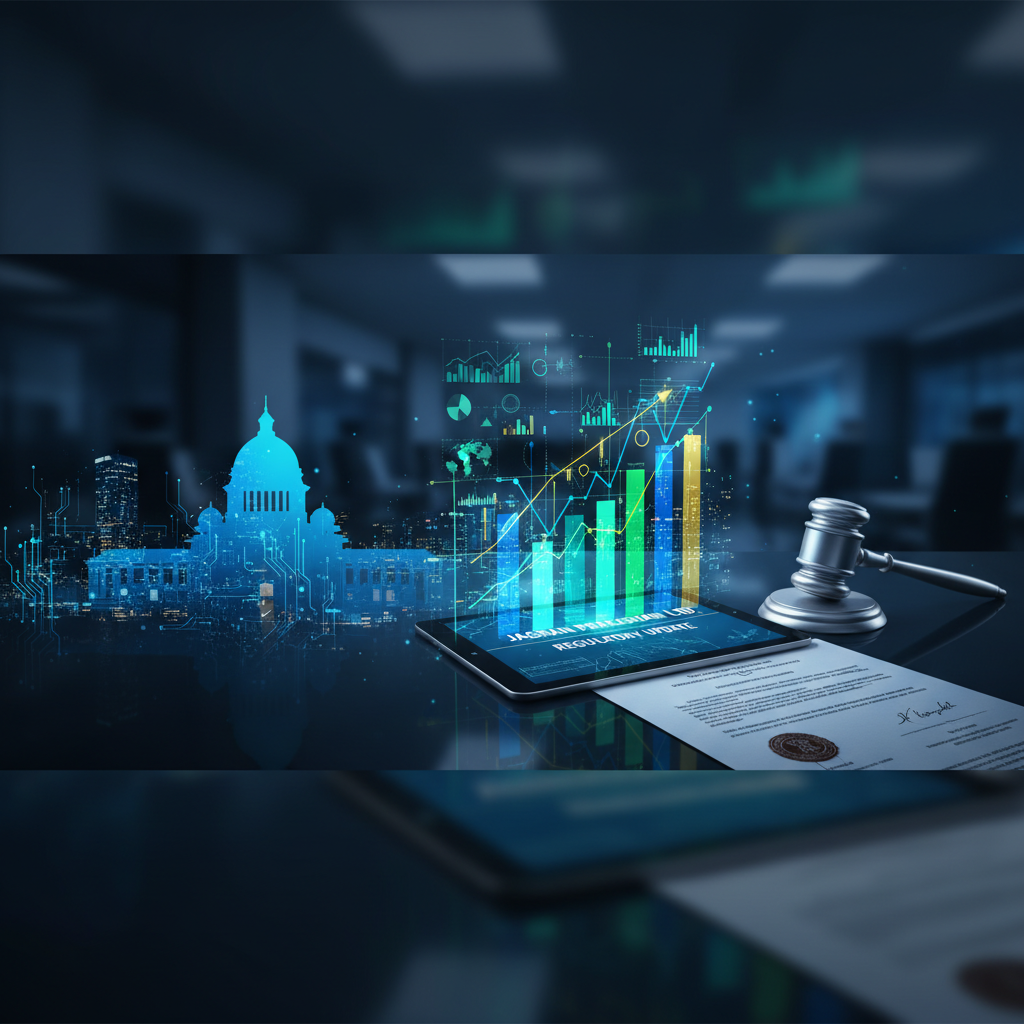Digital illustration showing financial graphs, a gavel, and official documents, symbolizing market regulation.