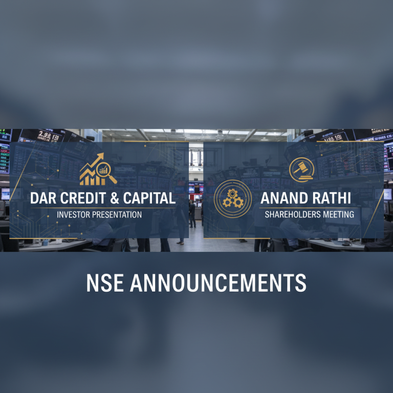 Image representing stock market announcements with company names and icons on a professional background.