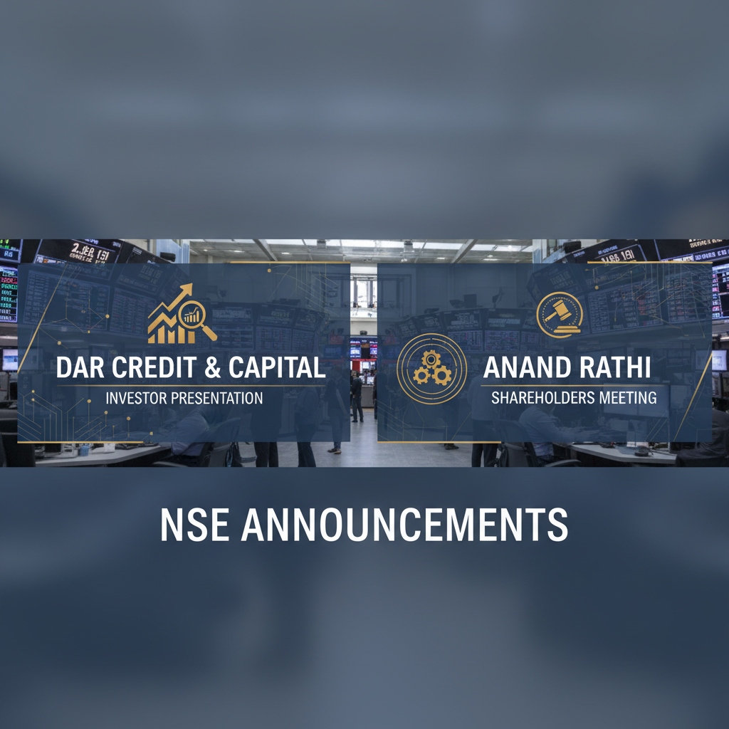 Image representing stock market announcements with company names and icons on a professional background.