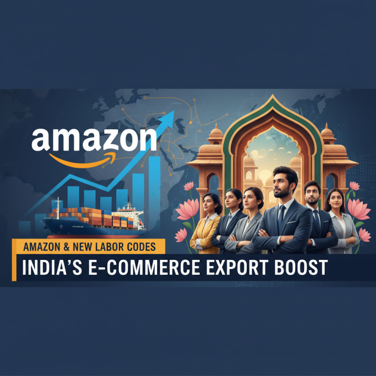 Professional image depicting Amazon's growth in India's e-commerce market due to new labor codes.