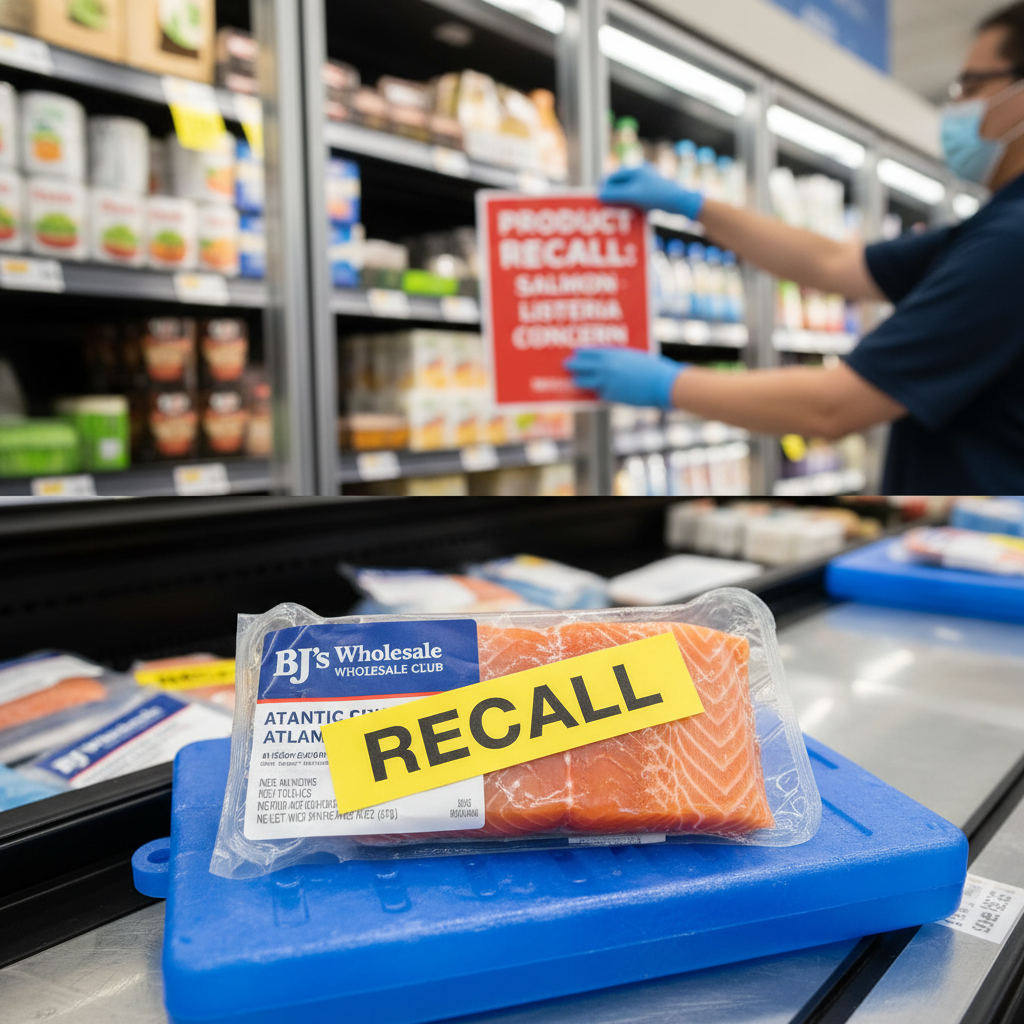 A "Recall" label on a package of salmon from BJ's Wholesale Club in a store setting.