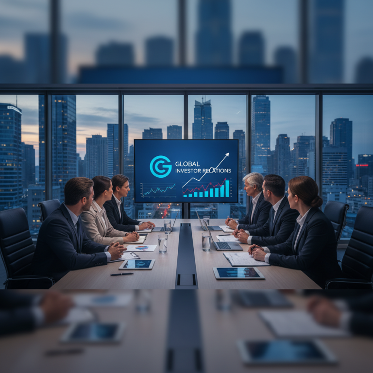 A professional corporate meeting in a modern skyscraper office with a cityscape view at dusk.