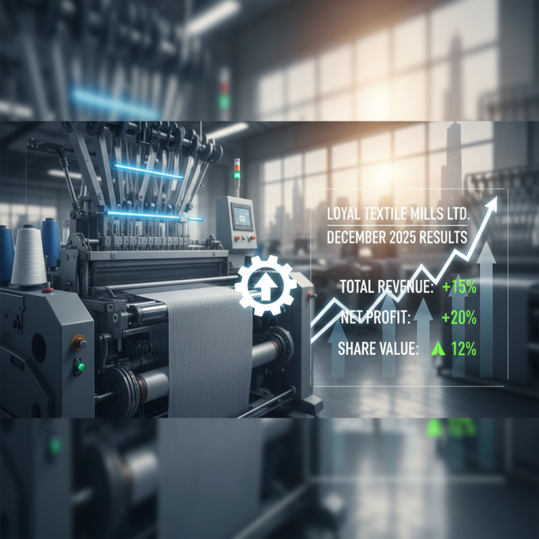 Image showing a textile factory floor with a digital overlay of positive financial growth charts.