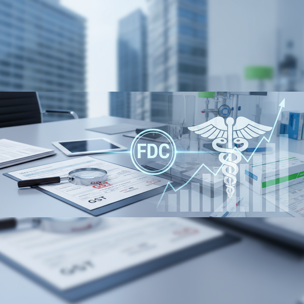 A professional image blending GST documents, a caduceus, and a growth arrow, suitable for a healthcare and economy article.
