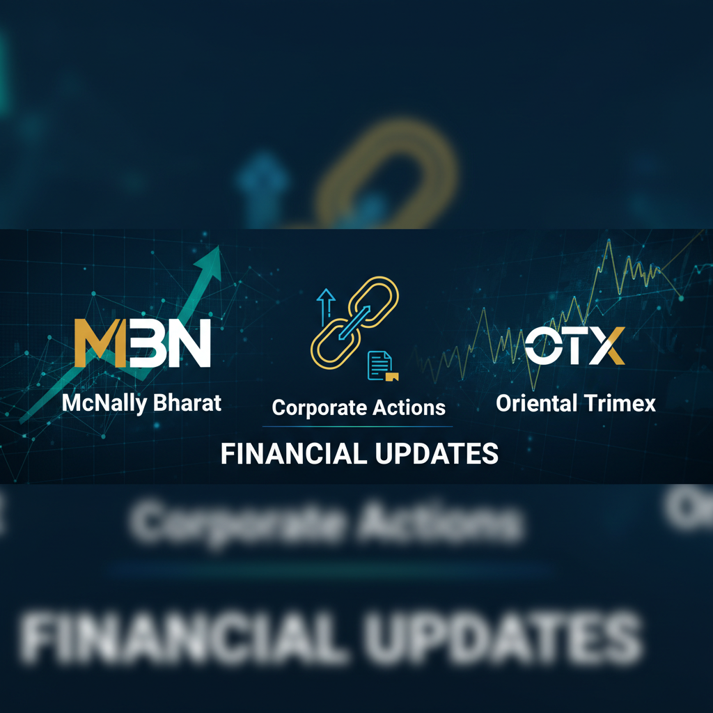 Graphical representation of corporate actions with logos of McNally Bharat (MBN) and Oriental Trimex (OTX).