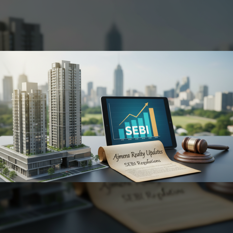A professional image showing a miniature building, a tablet displaying a SEBI chart, a gavel, and a scroll.