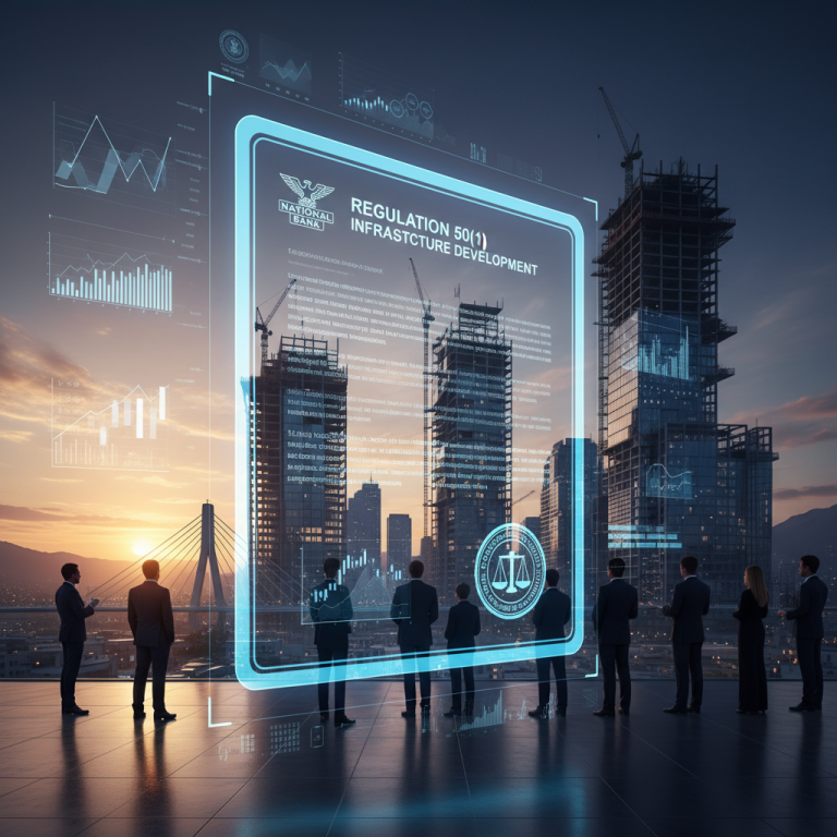 Business professionals observe a holographic display detailing "Regulation 50(1) Infrastructure Development" with a city skyline at sunset.