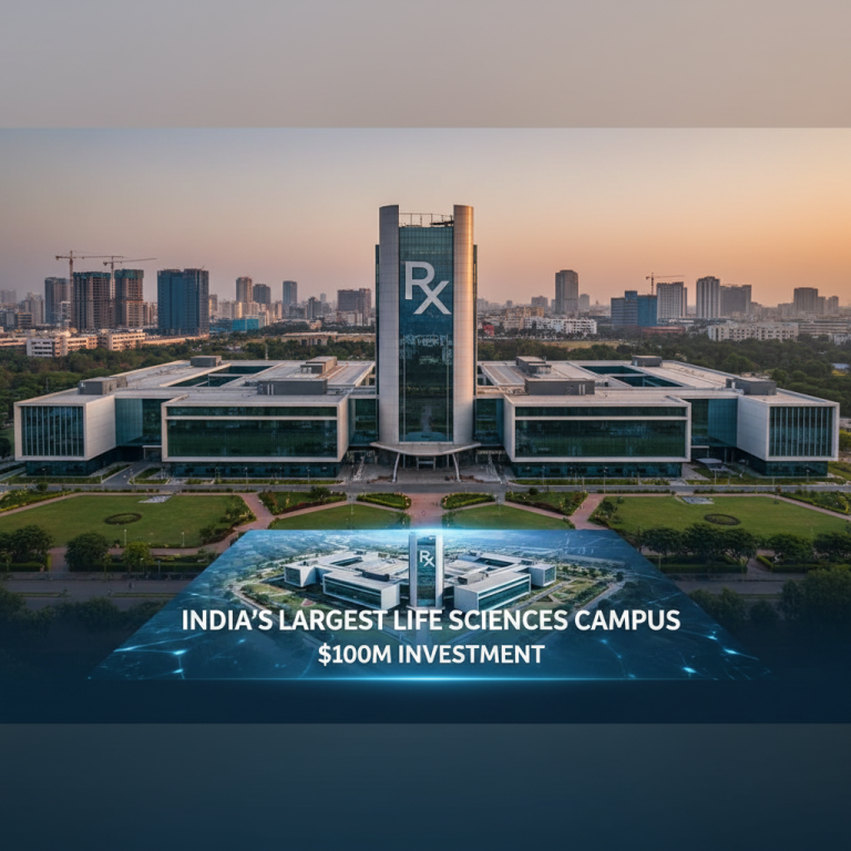 A modern, sprawling life sciences campus with the Rx logo, set against a city skyline at dusk.