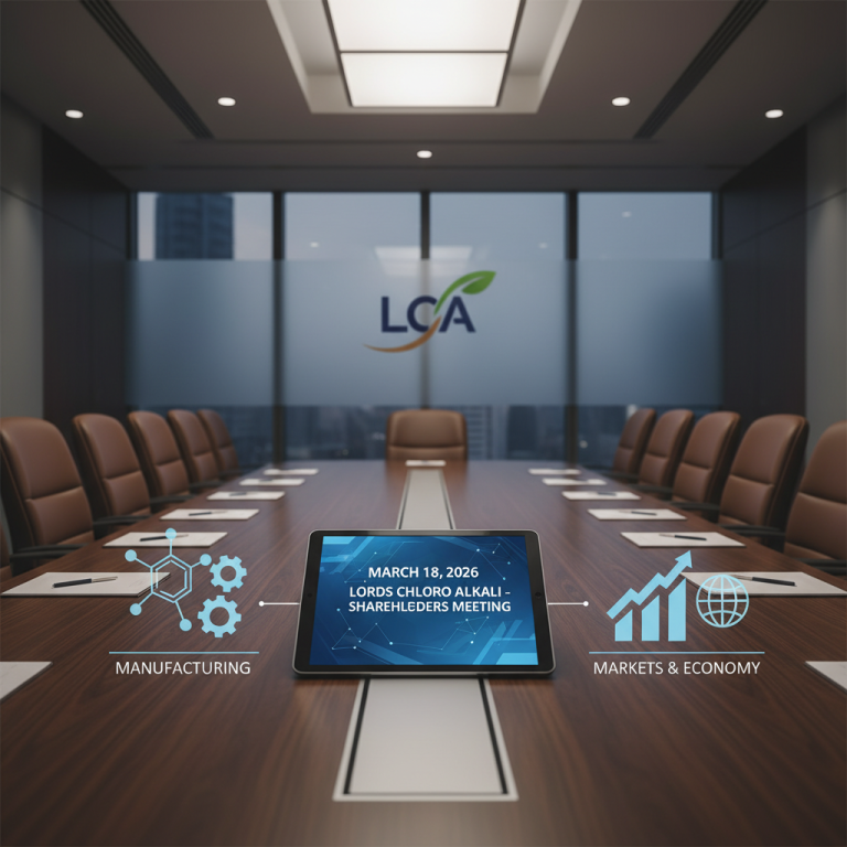 A modern boardroom with "LCA" logo, a tablet displaying meeting details, and icons for manufacturing and markets.
