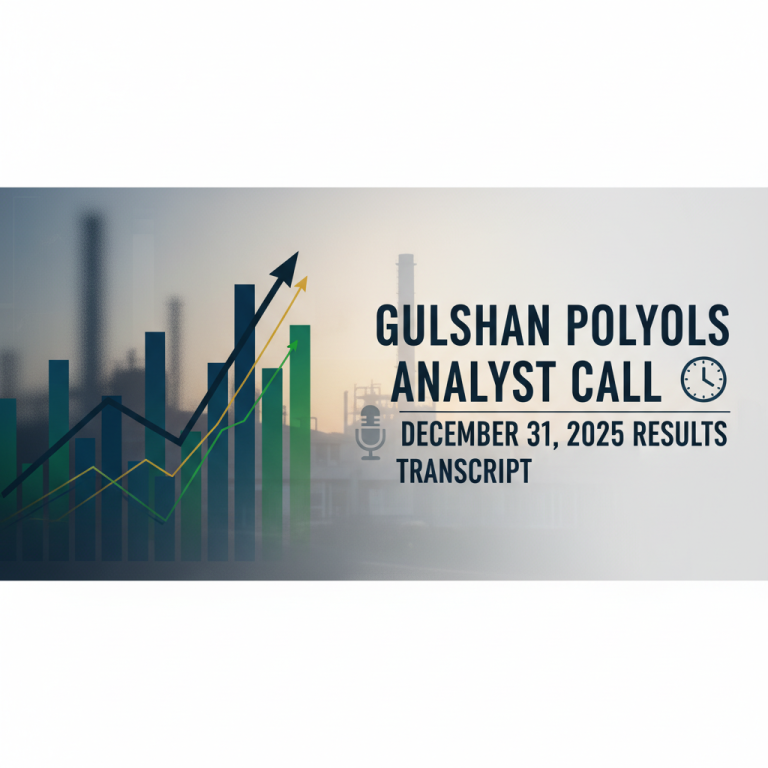 A professional graphic for Gulshan Polyols analyst call, featuring growth charts and manufacturing backdrop.