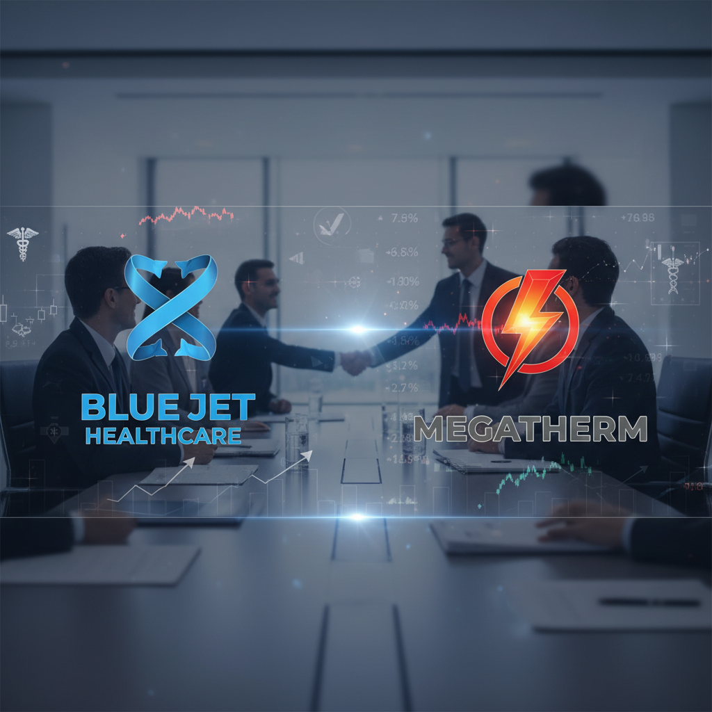 Business professionals meet, overlaid with financial charts and company logos for Blue Jet Healthcare and Megatherm.