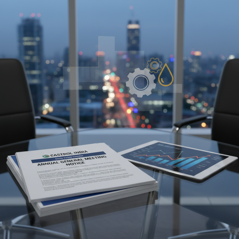 A professional image with Castrol India's AGM notice, a tablet displaying financial charts, and manufacturing icons.