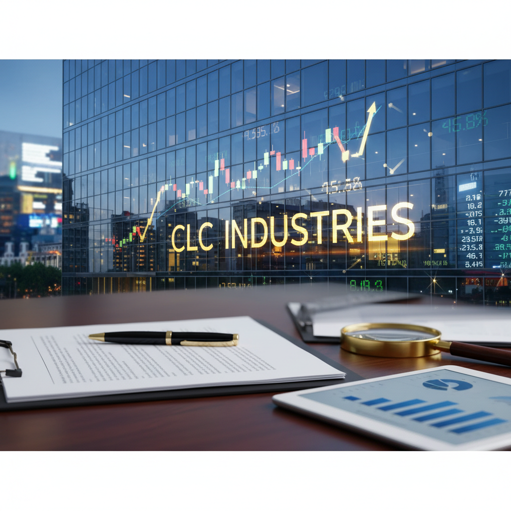 A modern office desk with documents, a pen, a magnifying glass, and a tablet with charts, overlooking a city skyline.