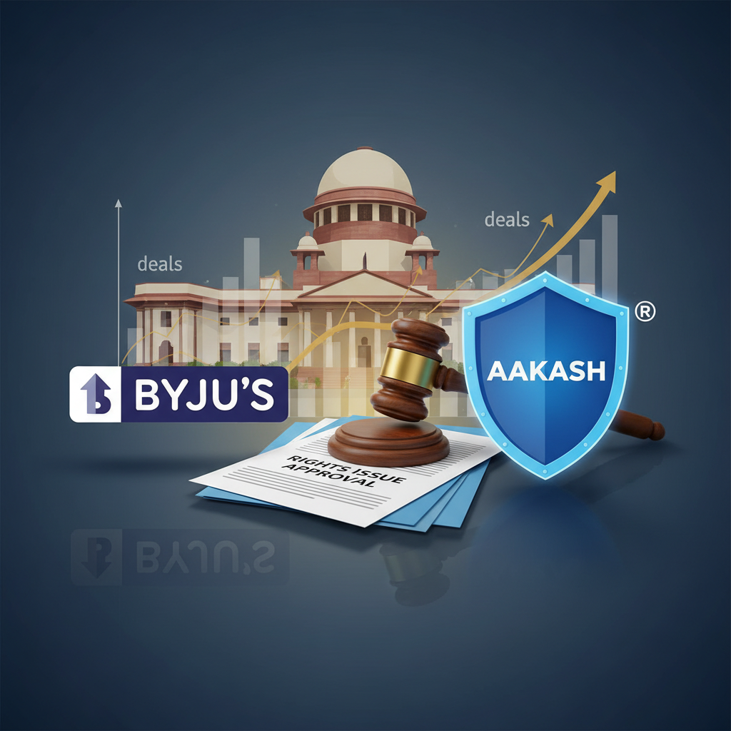 A gavel, legal documents titled "Rights Issue Approval," and shields with "BYJU'S" and "AAKASH" logos. The Supreme Court building is in the background.