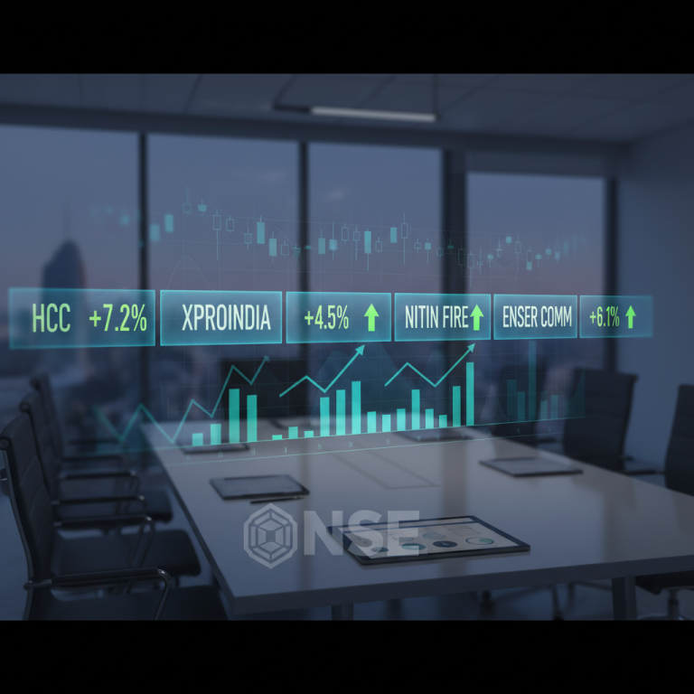 A professional image with stock market data overlaid on a modern conference room, highlighting companies like HCC and Xpro India.