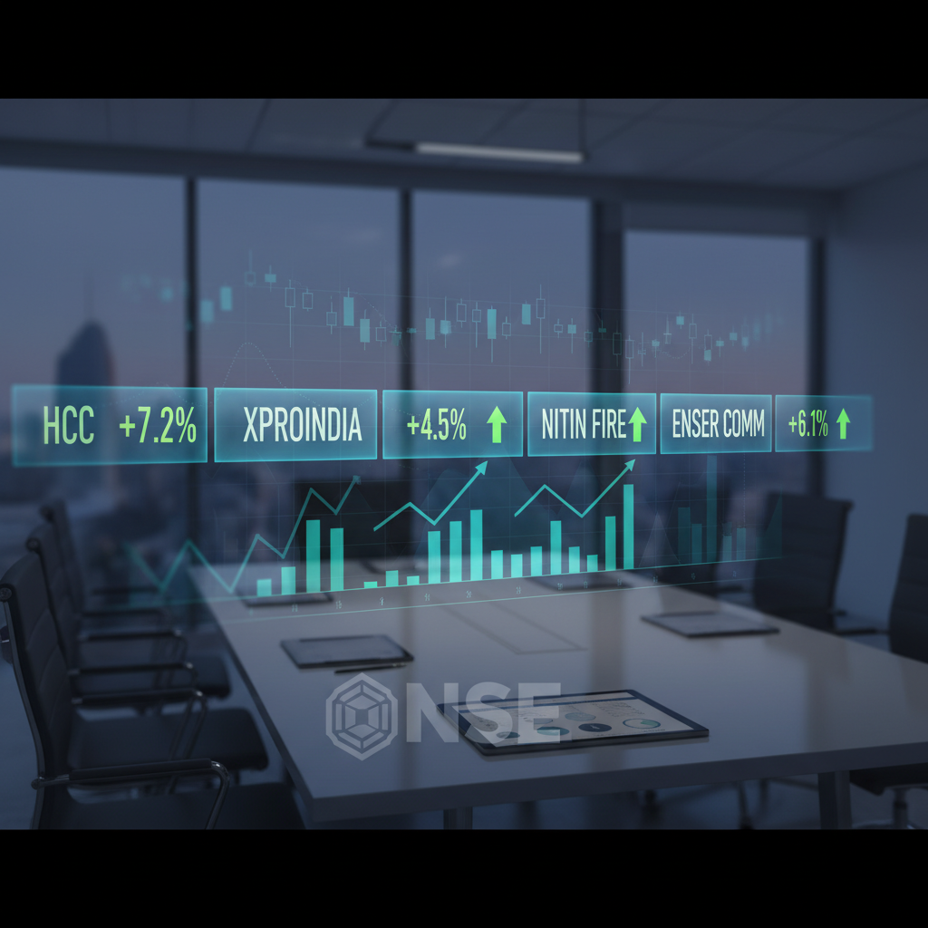 A professional image with stock market data overlaid on a modern conference room, highlighting companies like HCC and Xpro India.