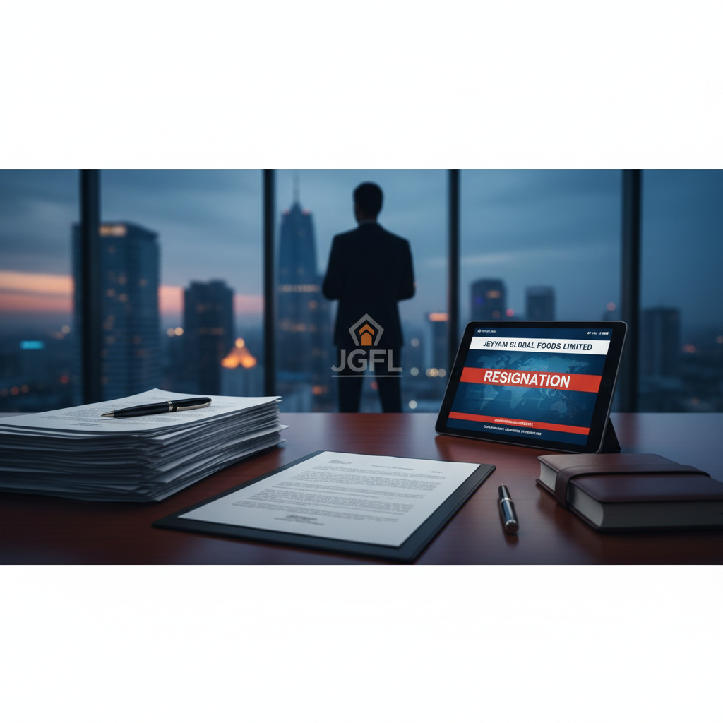 A professional desk with documents, pen, and a tablet displaying a "RESIGNATION" headline for Jeyyam Global Foods Limited.