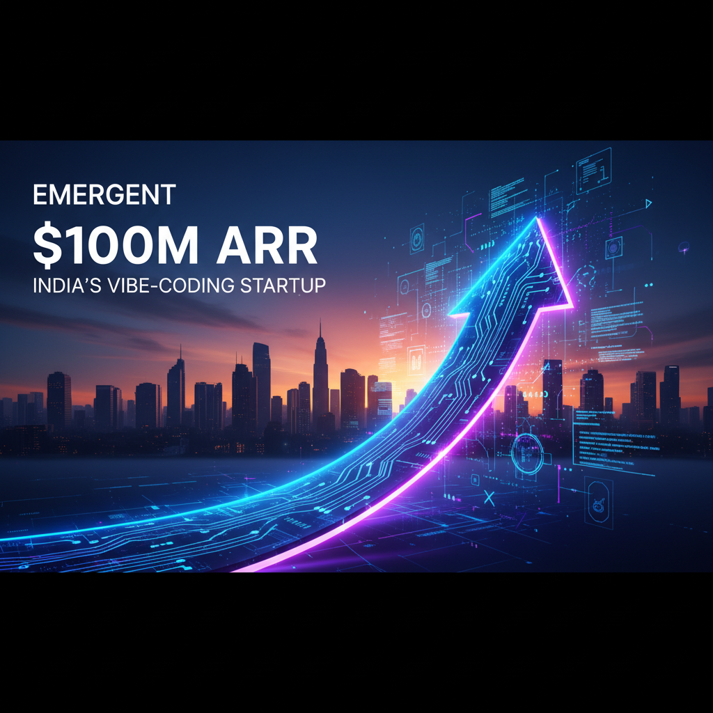 A neon blue and purple upward-pointing arrow, designed with circuit board elements, overlaid on a modern city skyline at sunset.