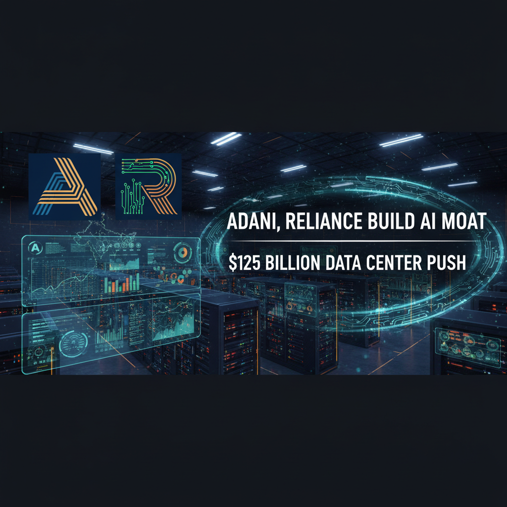 A modern data center with glowing servers and digital interfaces, featuring the logos of Adani and Reliance.