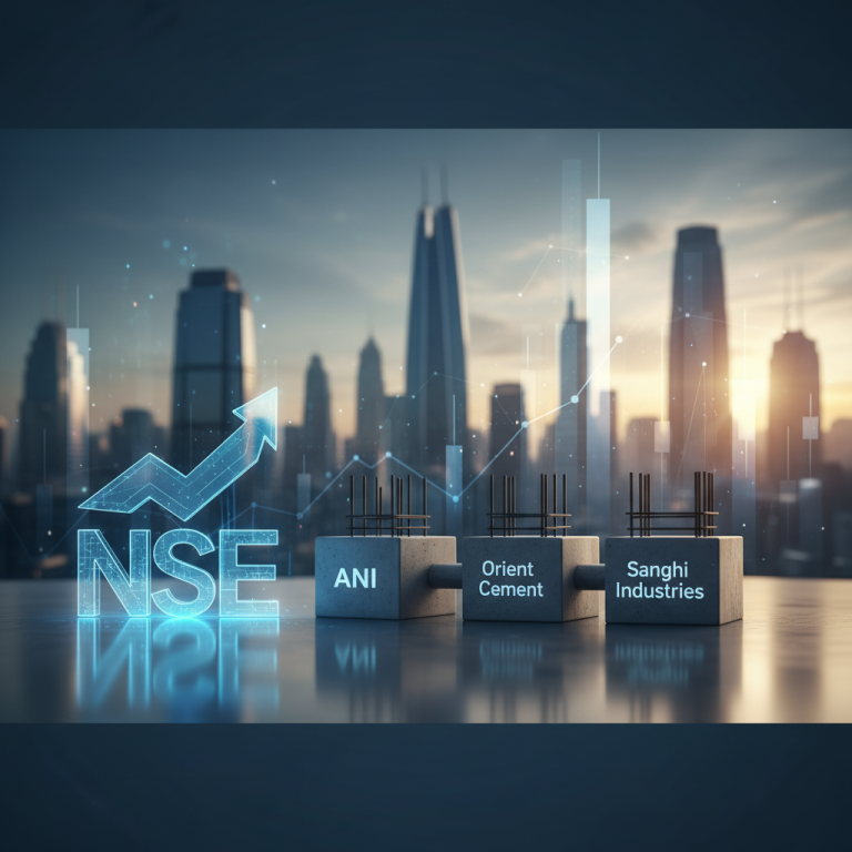 Digital illustration of NSE logo with an upward arrow, next to three concrete blocks labeled ANI, Orient Cement, and Sanghi Industries.