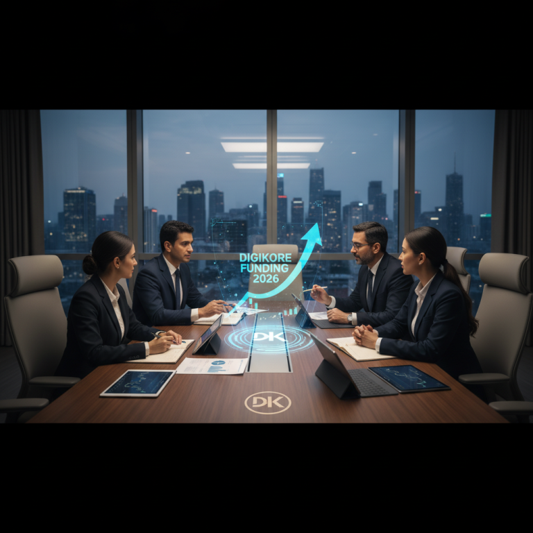 Four professionals in a boardroom meeting discussing fundraising with a holographic "Digikore Funding 2026" and upward arrow.