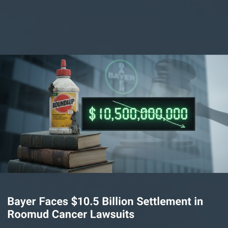 A Roundup bottle on law books, with "$10,500,000,000" and a downward arrow.