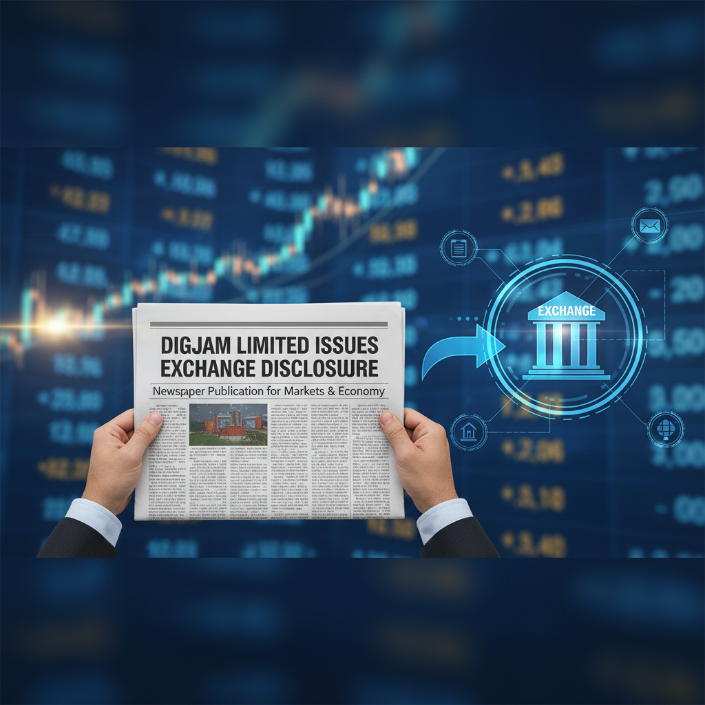 Hands holding a newspaper with "Digjam Limited Issues Exchange Disclosure" headline against a stock market background.