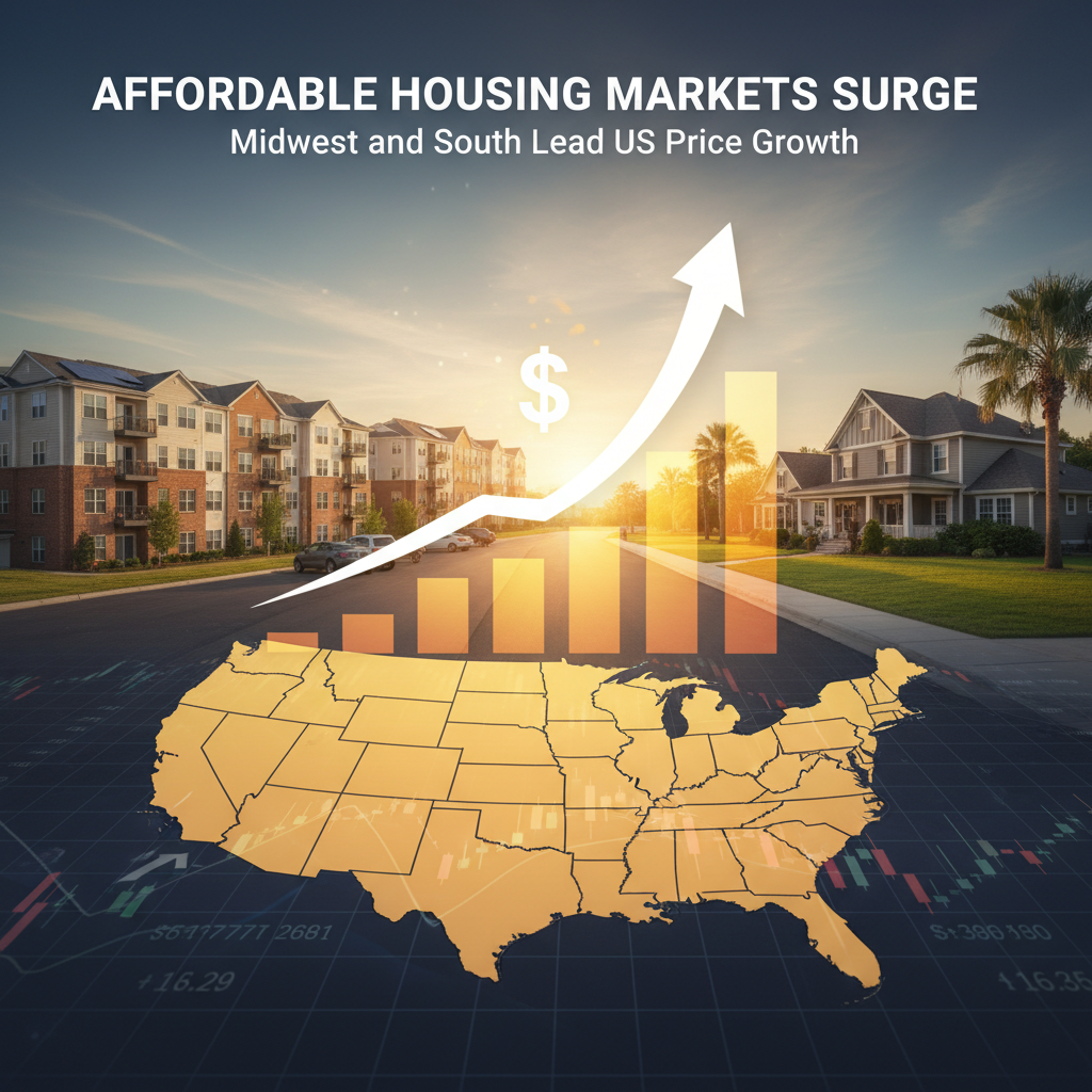 US map with rising bar chart and arrow over residential homes, symbolizing housing market growth.
