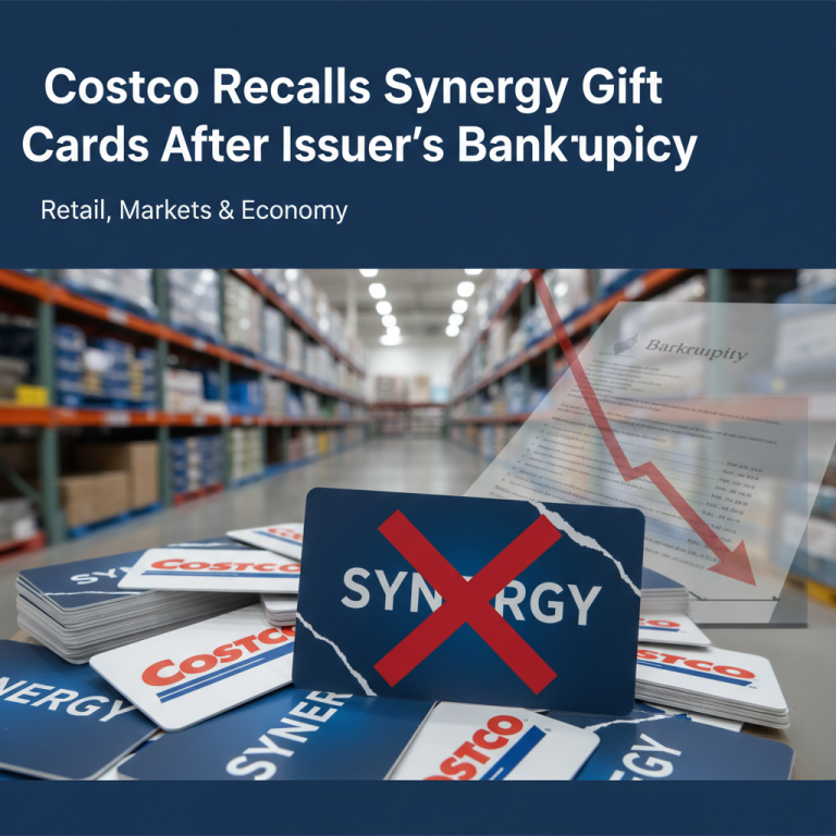A stack of Costco and Synergy gift cards with a red "X" over the Synergy card, symbolizing recall and bankruptcy.