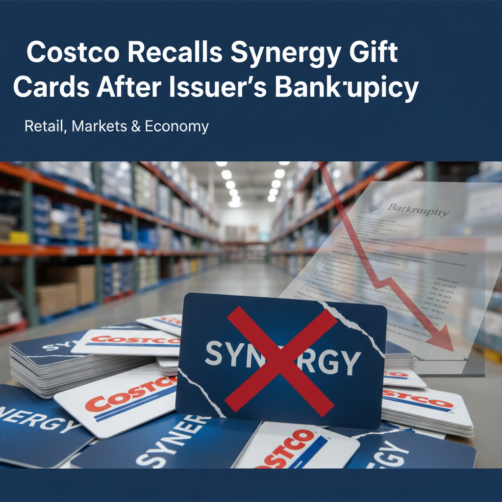 A stack of Costco and Synergy gift cards with a red "X" over the Synergy card, symbolizing recall and bankruptcy.