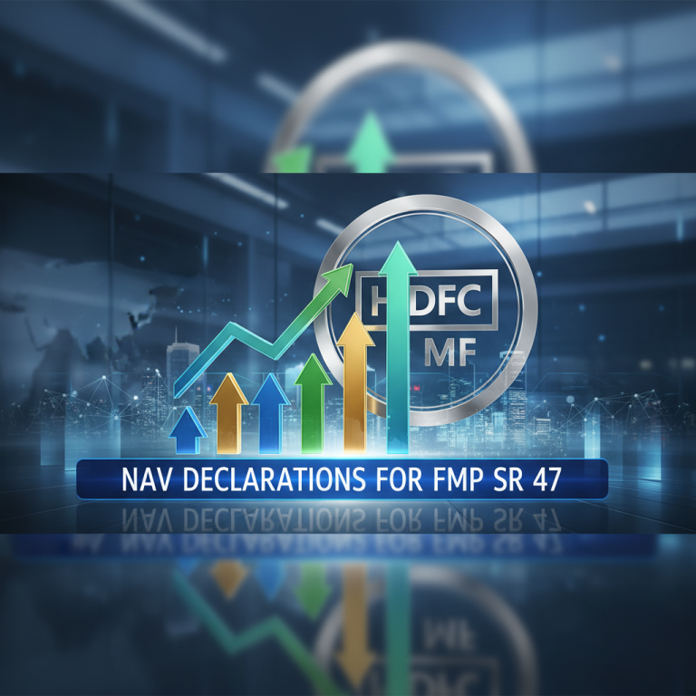 HDFC Mutual Fund logo with ascending bar graphs, signifying growth and NAV declarations, against a city backdrop.